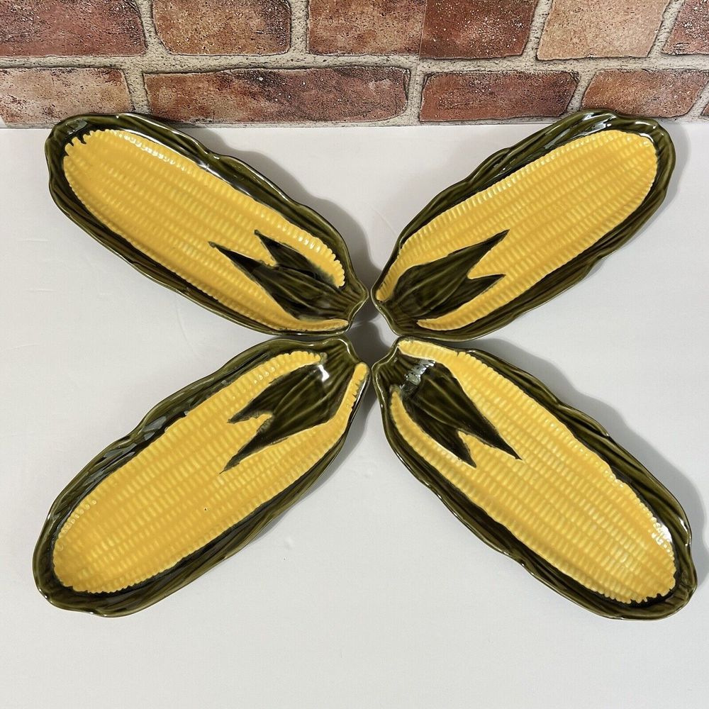 VINTAGE 4 Ceramic Yellow Corn On The Cob Dish Holder Cradle Made in Portugal